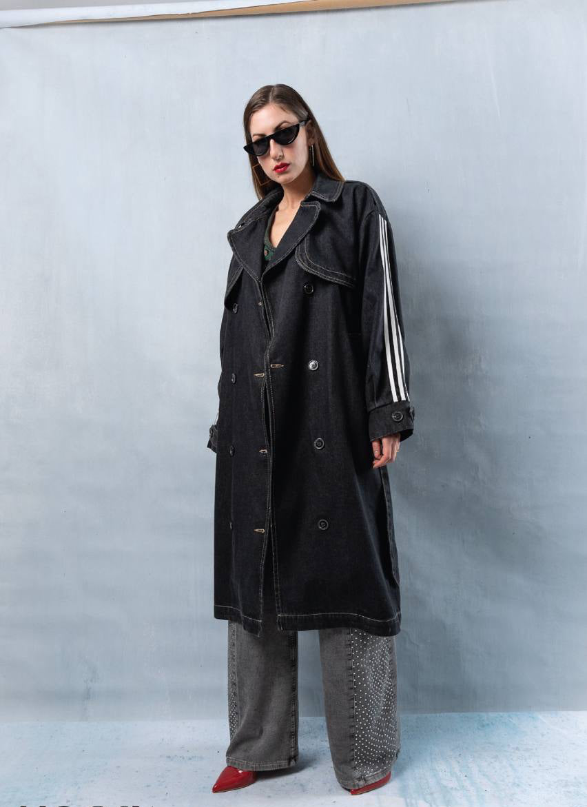 Denim coat with double strip