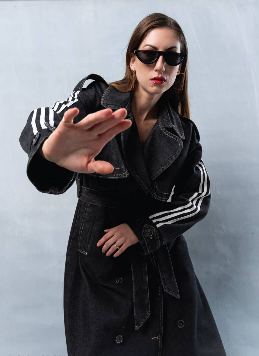 Denim coat with double strip